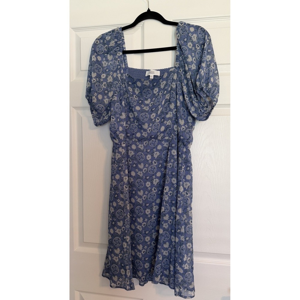 Lucky Brand Blue Floral‎ Puff Sleeve Mini Dress XL Square Neck Cottagecore Boho